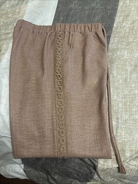 Women's Brown Lace-Trim Elastic Waist Linen Pants